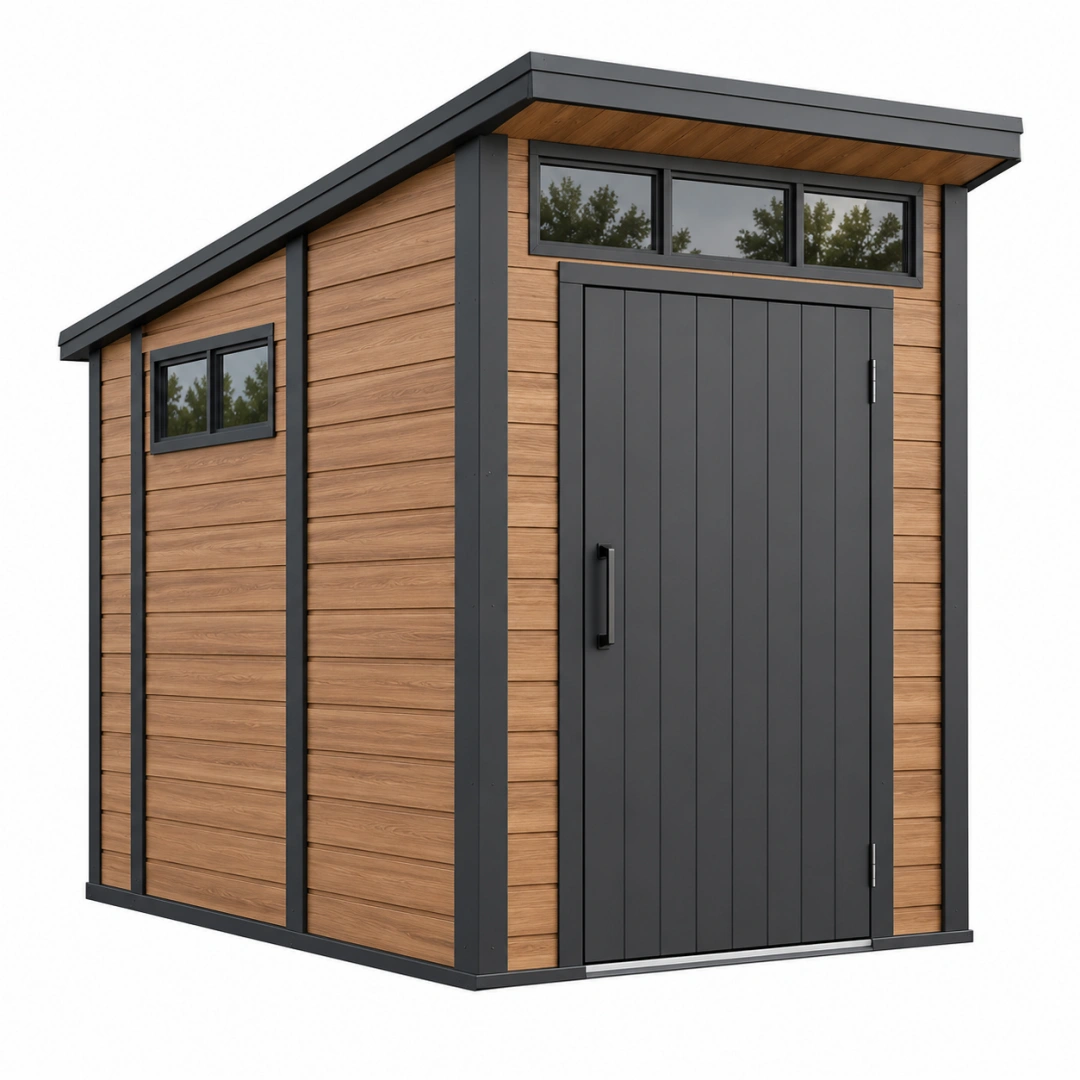 Abri de jardin 200 x 120 x 210 cm métal aspect bois marron noir avec fenêtres style moderne
