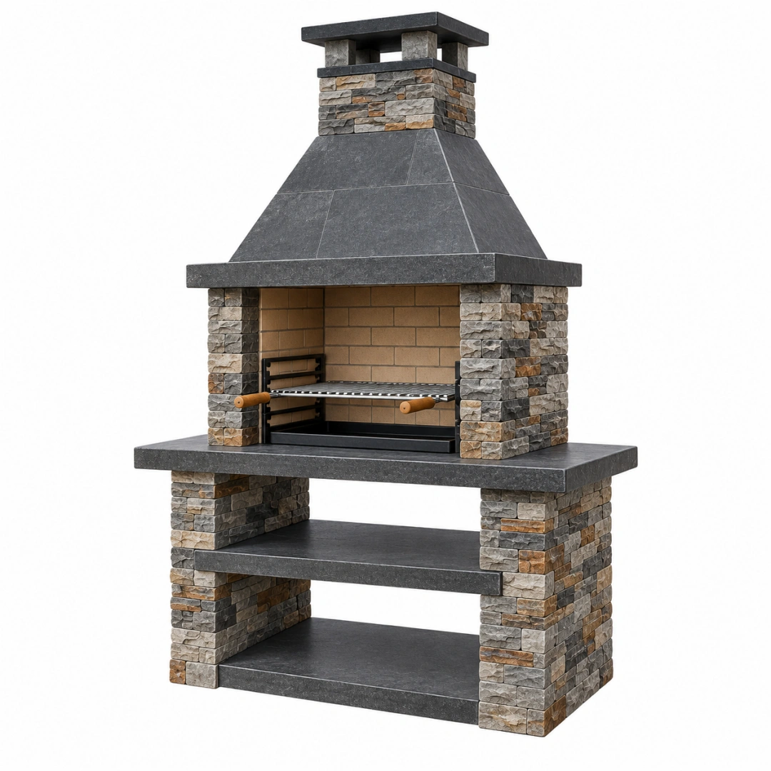 Barbecue de jardin 120 x 70 x 230 cm en pierre grise avec grille réglable