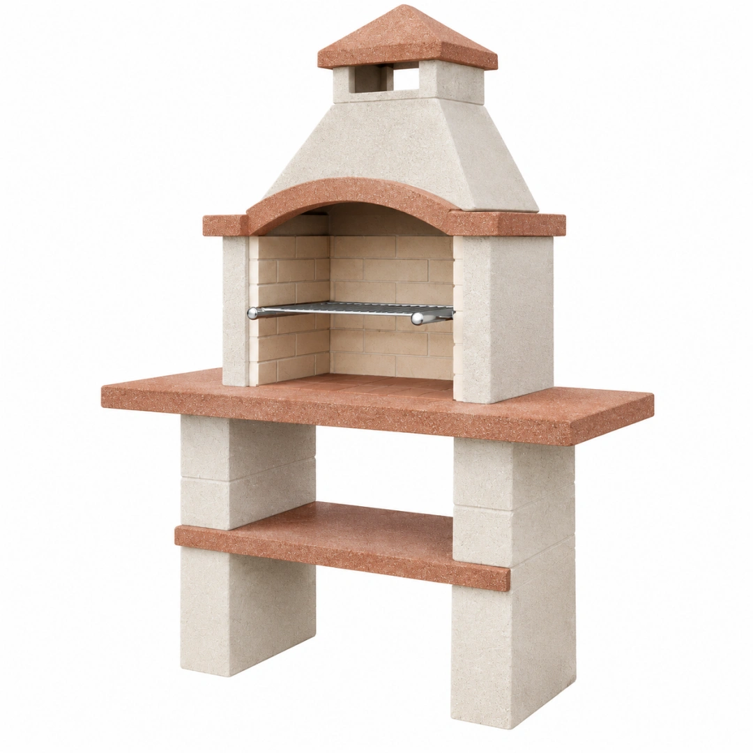 Barbecue de jardin 120 x 70 x 200 cm en béton réfractaire beige terre cuite avec grille style cheminée