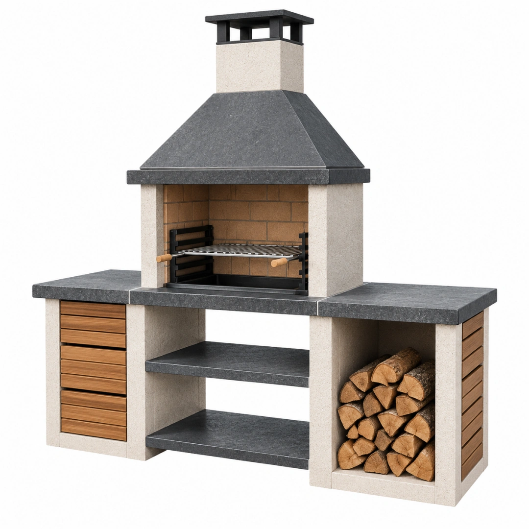 Barbecue de jardin 220 x 90 x 250 cm en pierre beige et anthracite avec grille réglable style cheminée