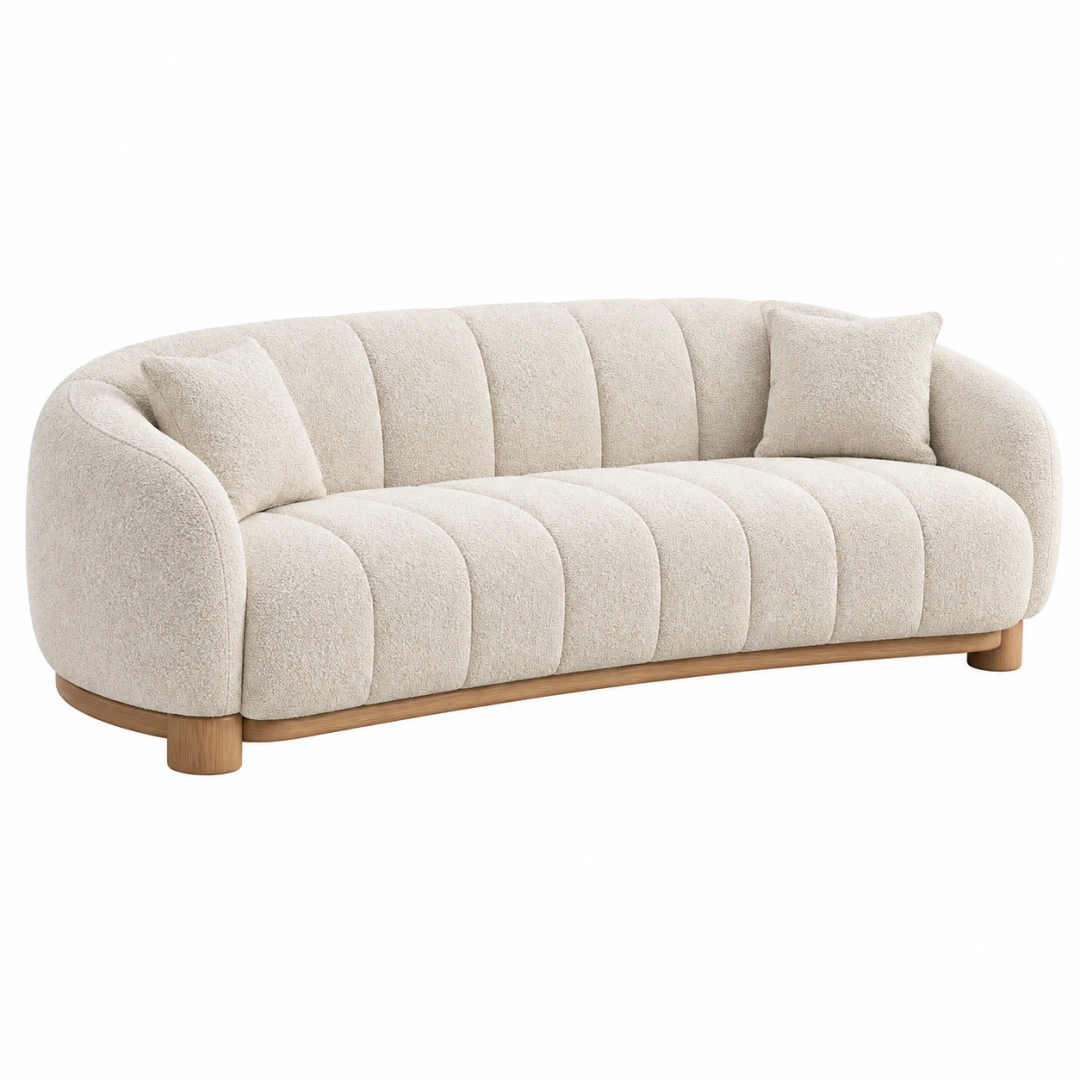 Canapé 3 places 220 cm tissu bouclette écru pieds en bois style contemporain