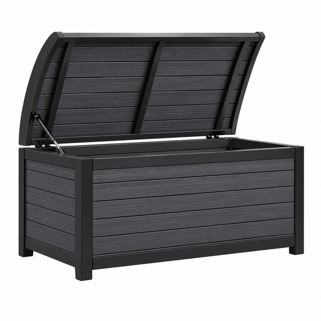 Coffre de rangement extérieur 120 x 61 x 63 cm noir en plastique et métal avec couvercle relevable