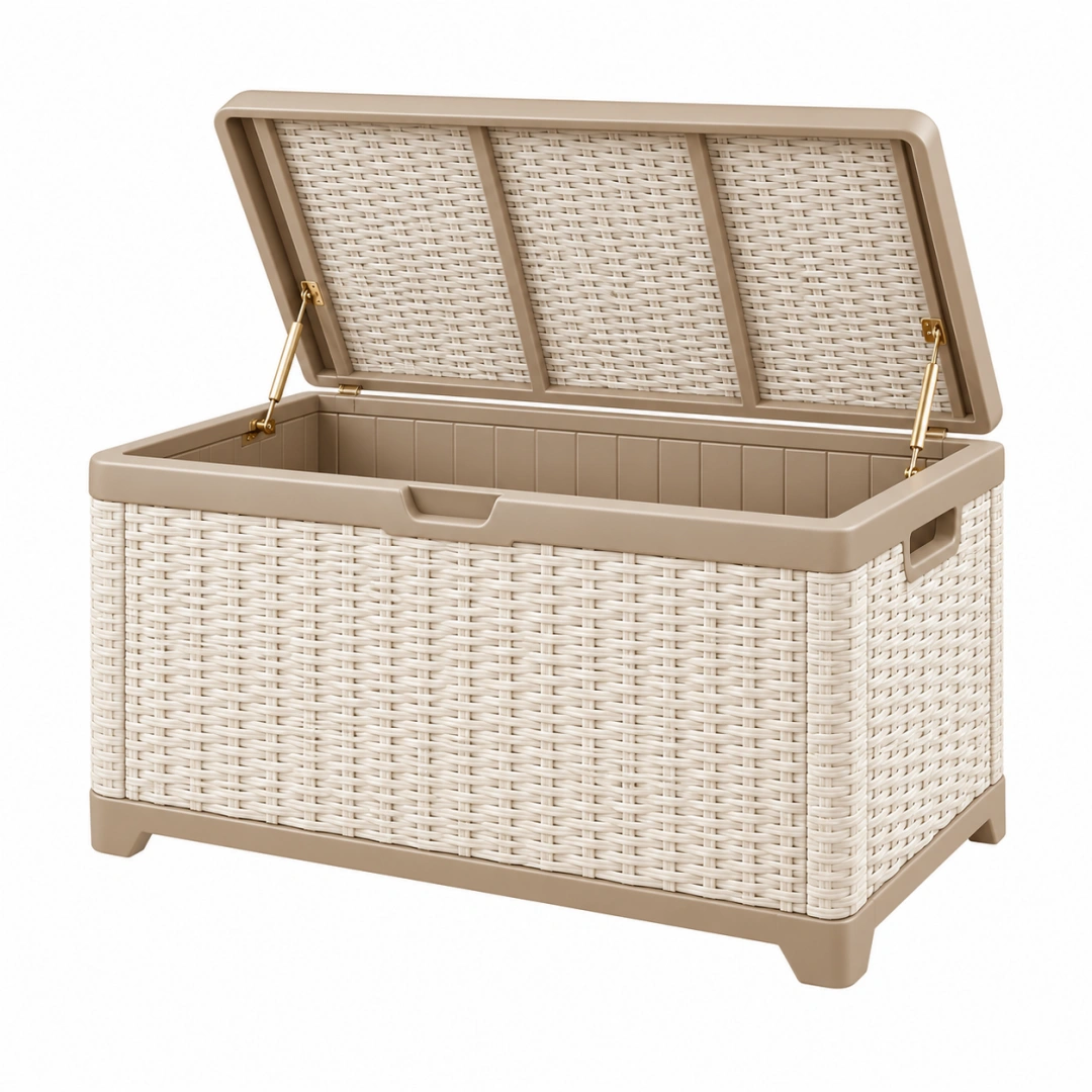 Coffre de rangement 100 x 50 x 55 cm en résine beige effet rotin avec couvercle assisté