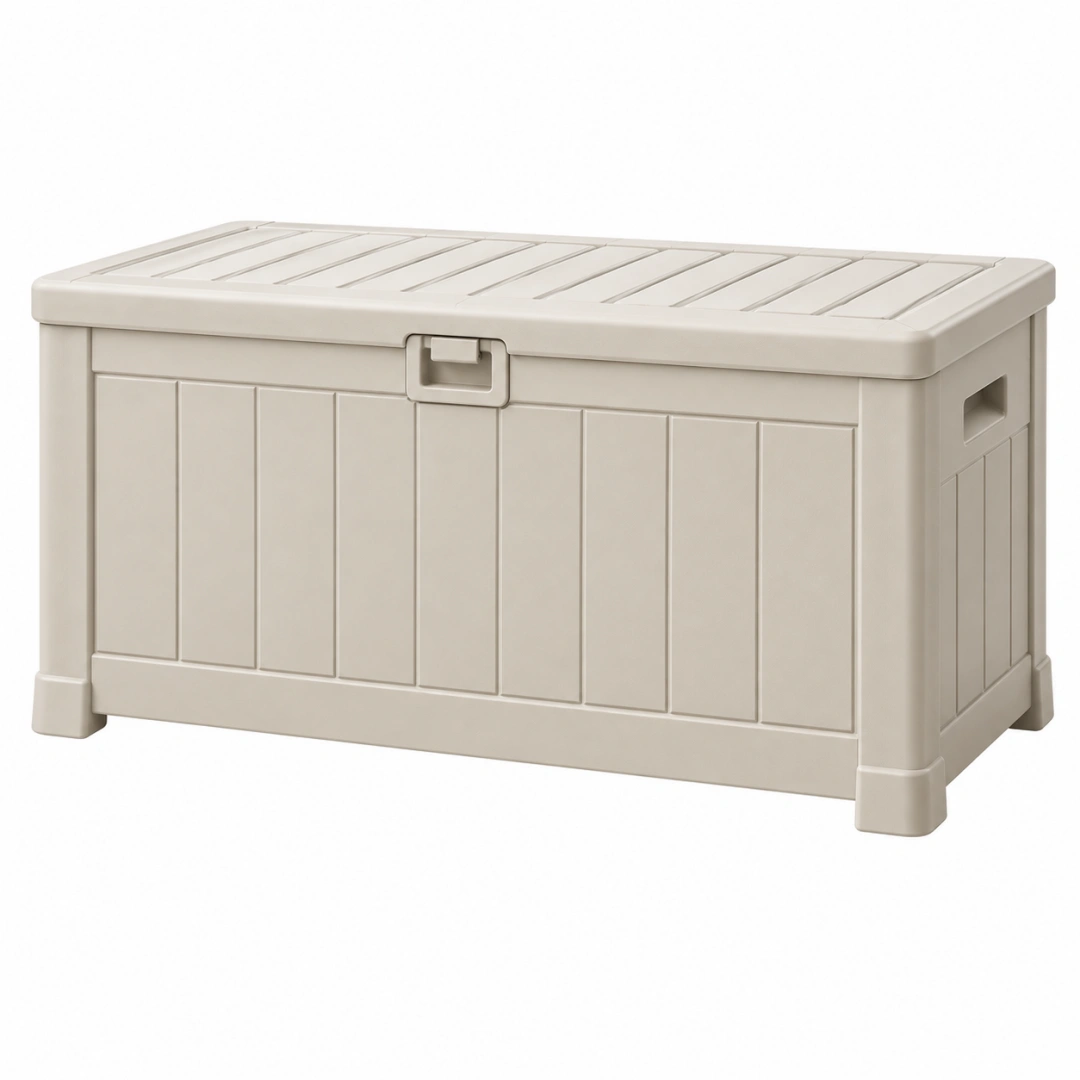 Coffre de rangement 120 x 55 x 60 cm en plastique beige avec couvercle pour jardin