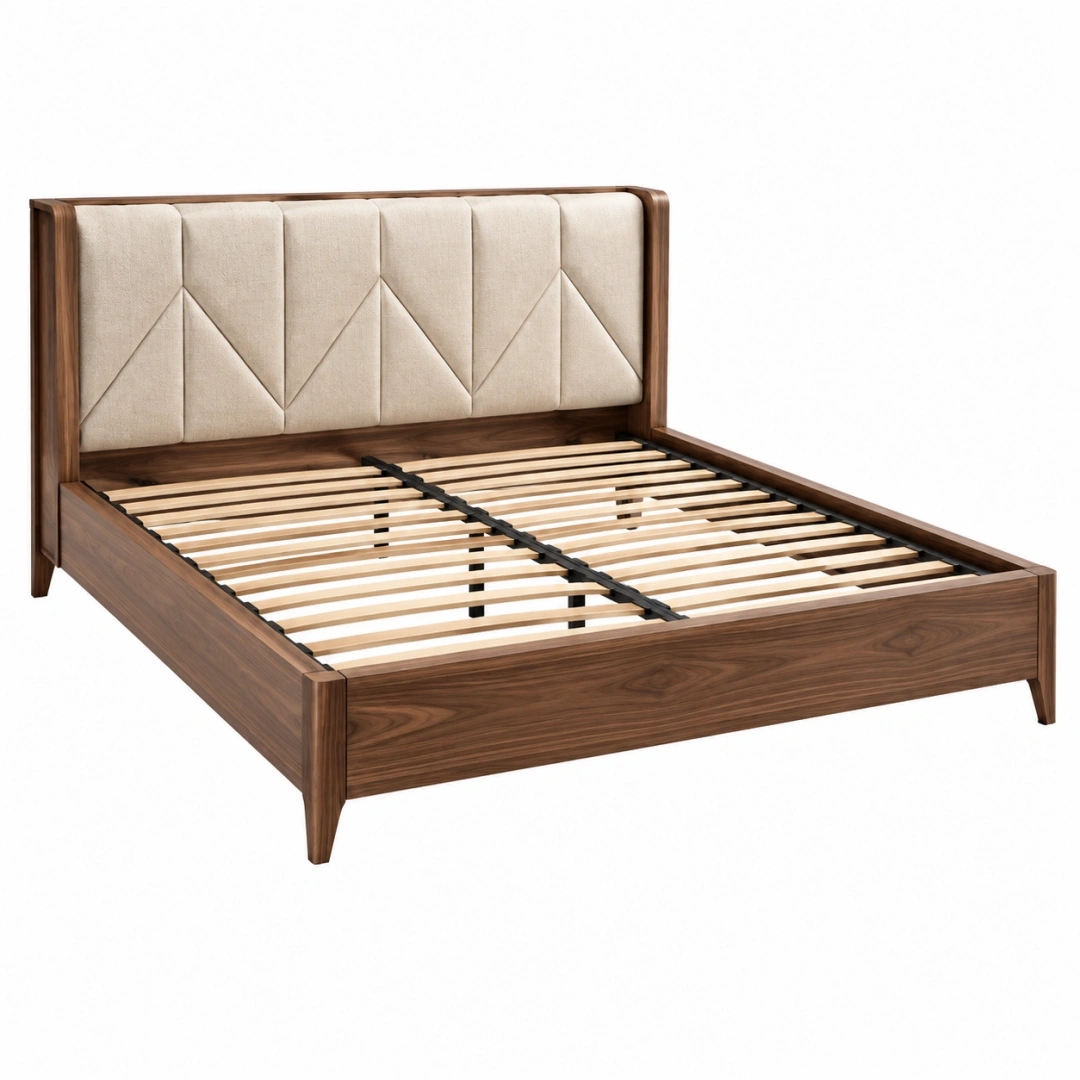 Lit 160 x 200 cm en bois brun avec tête de lit capitonnée beige style contemporain