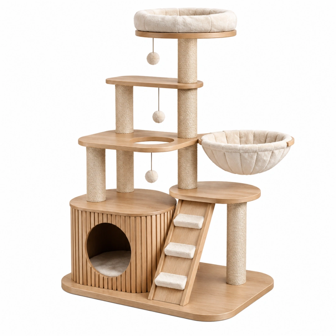 Arbre à chat 60 x 50 x 155 cm en bois beige avec griffoirs en sisal et plateformes