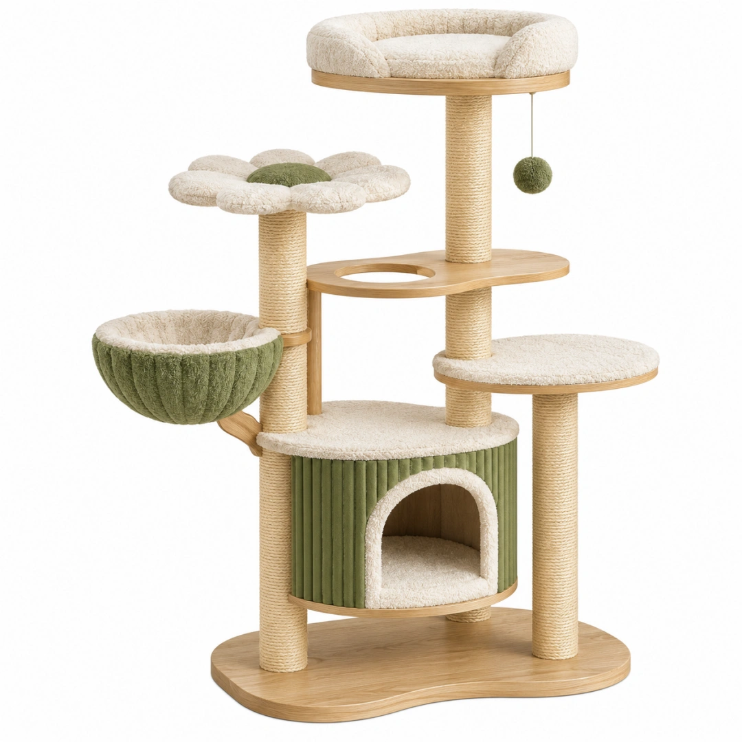 Arbre à chat 80 x 55 x 145 cm en bois beige et vert avec griffoirs et niche
