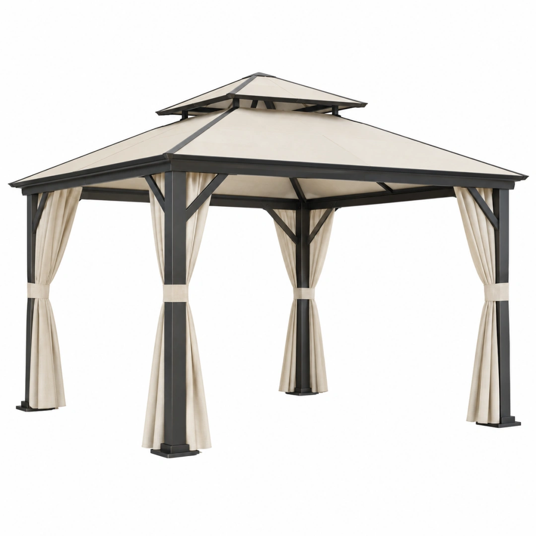 Tonnelle de jardin 300 x 300 cm acier beige anthracite avec rideaux double toit