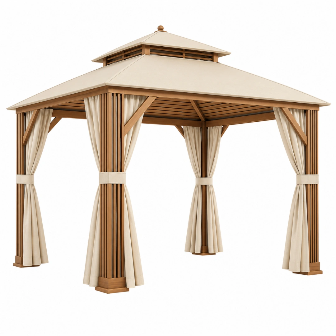 Tonnelle de jardin 300 x 300 x 300 cm en bois beige et marron avec rideaux toit ventilé