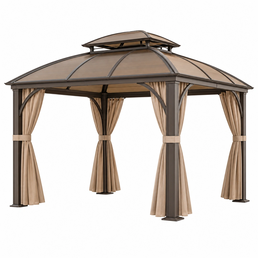 Tonnelle de jardin 300 x 300 cm en métal brun avec rideaux et toit rigide