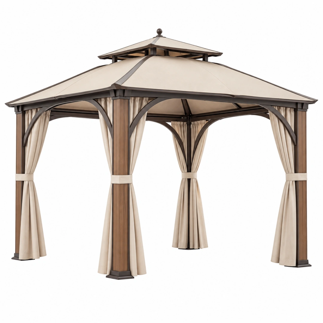 Tonnelle de jardin 300 x 300 cm en métal brun avec toit beige et rideaux - abri extérieur classique