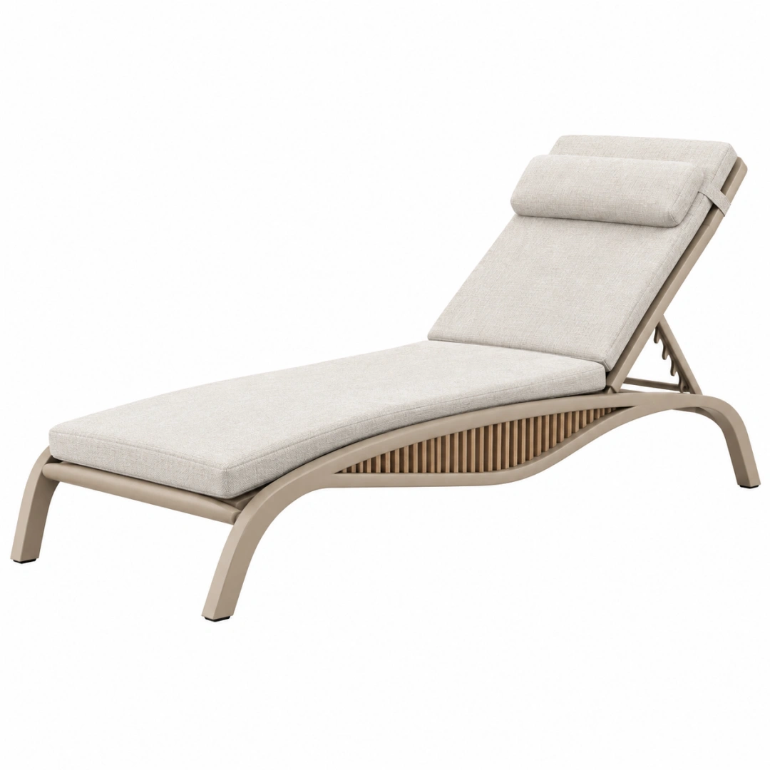 Chaise longue de jardin 200 x 70 x 86 cm en aluminium beige et bois naturel avec dossier réglable