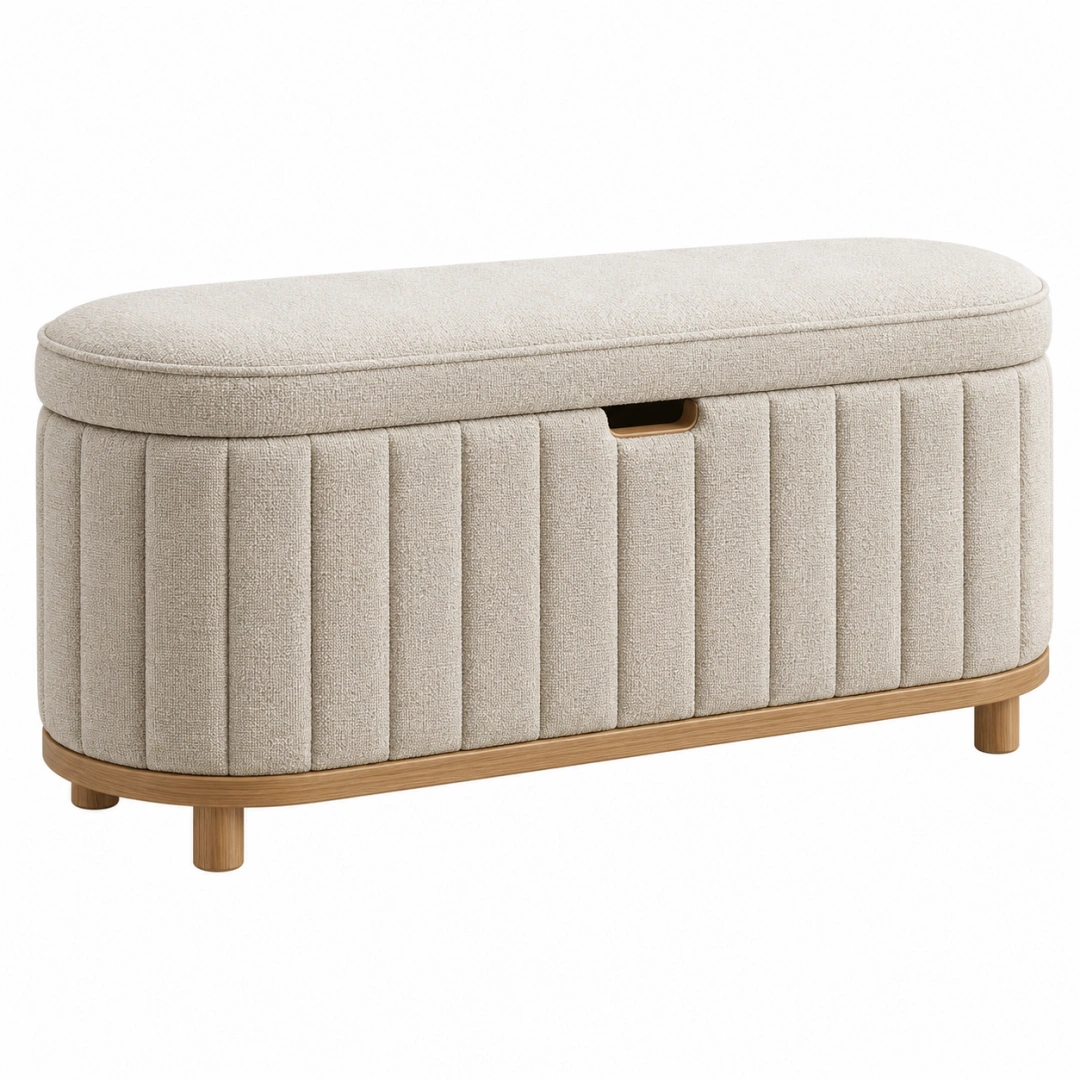 Banc coffre de rangement 110 x 45 x 48 cm tissu beige bois style contemporain