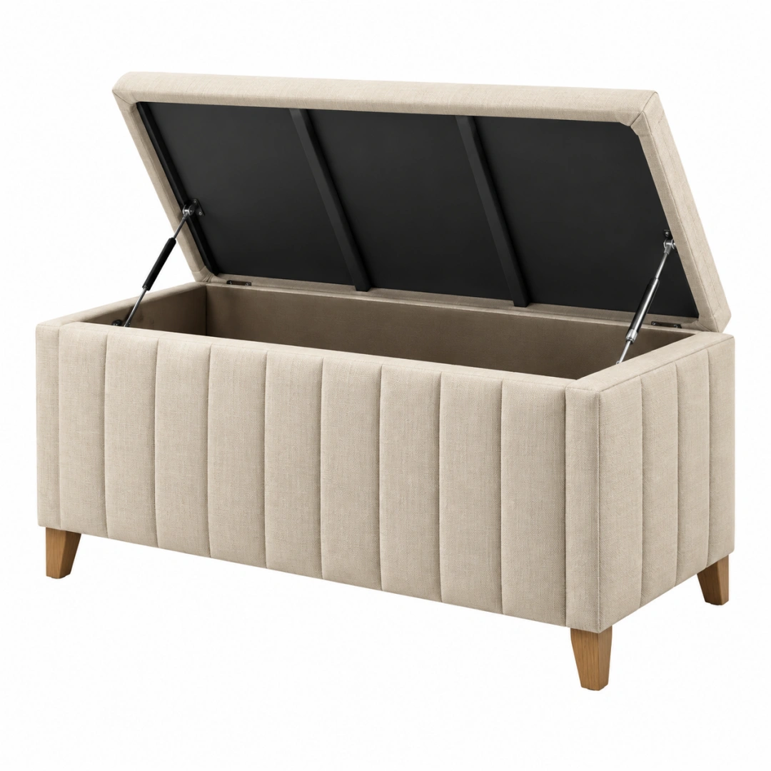 Banc coffre de rangement 120 x 45 x 50 cm en tissu beige avec ouverture à vérins style contemporain