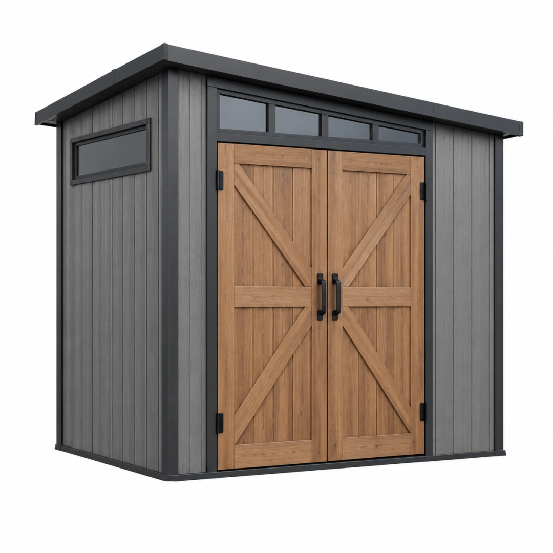 Abri de jardin 220 x 180 x 210 cm gris anthracite et bois composite avec double porte style grange