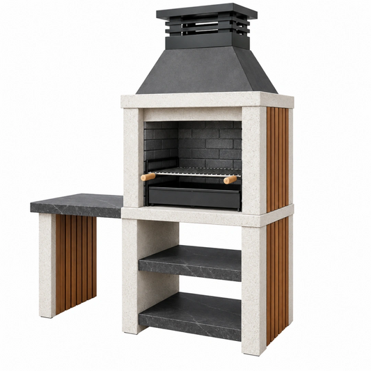 Barbecue de jardin 160 x 70 x 230 cm en pierre acier noir et bois avec plan de travail