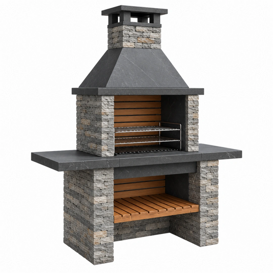 Barbecue de jardin 160 x 80 x 230 cm en pierre grise avec grilles en acier style rustique