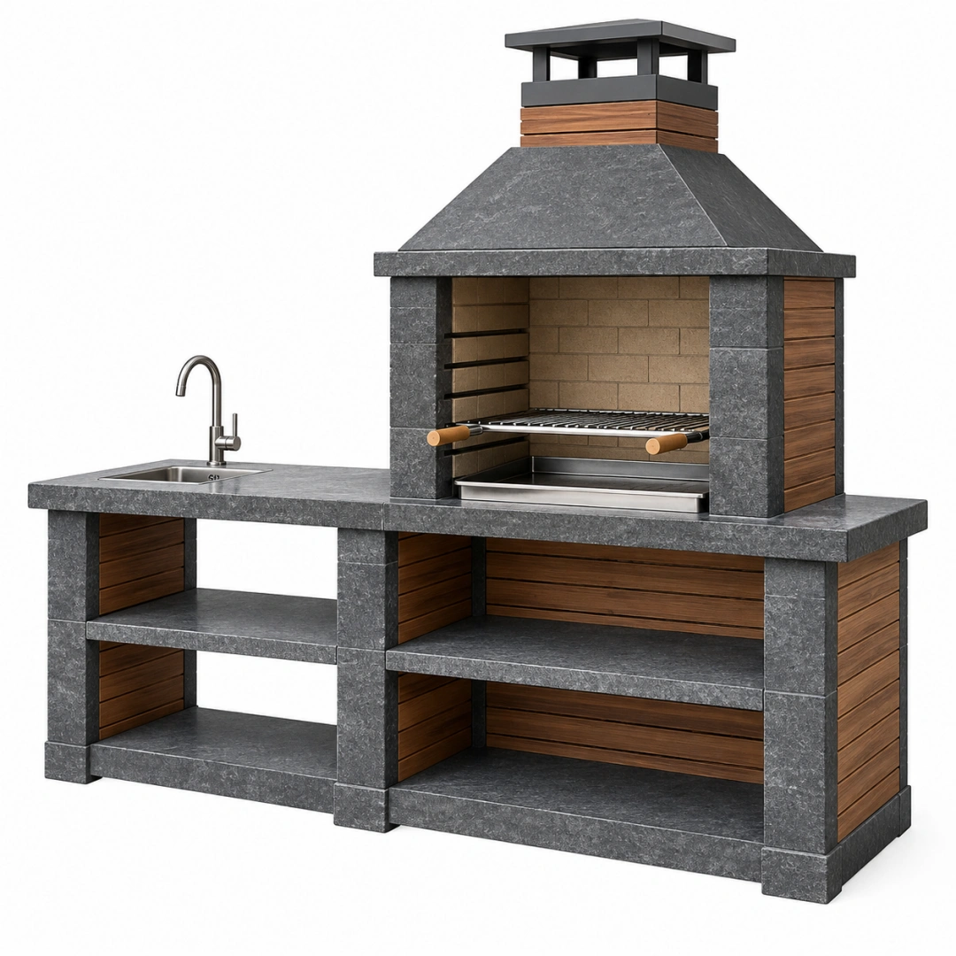 Cuisine extérieure avec barbecue et évier 200 x 70 x 230 cm pierre gris anthracite bois style contemporain
