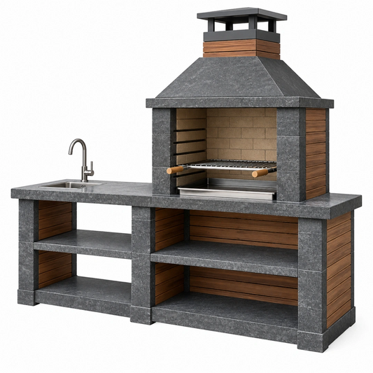 Cuisine extérieure avec barbecue et évier 200 x 70 x 230 cm pierre gris anthracite bois style contemporain