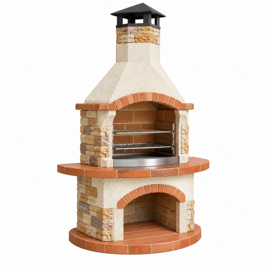 Barbecue de jardin 120 x 75 x 220 cm en pierre beige et brique terre cuite avec grilles en acier style rustique