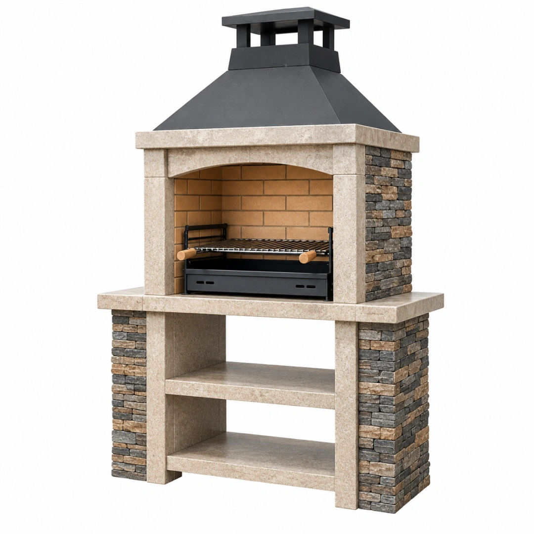 Barbecue de jardin 120 x 70 x 220 cm en pierre et métal noir beige à charbon avec rangement