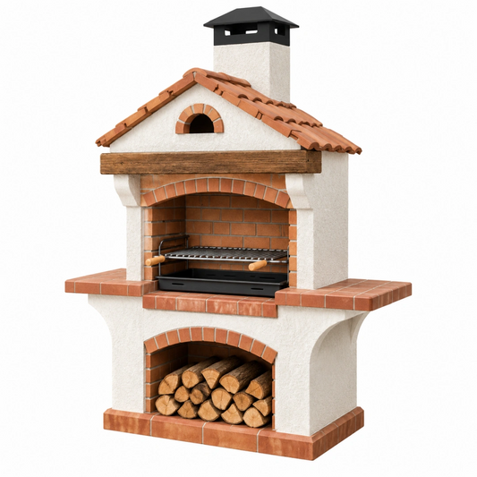 Barbecue de jardin 120 x 70 x 220 cm en béton et brique terre cuite style méditerranéen avec cheminée