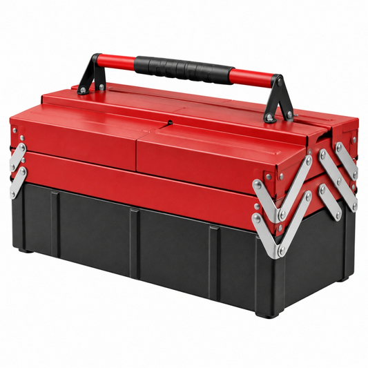 Boîte à outils 50 x 22 x 25 cm en acier rouge et noir à compartiments pliants