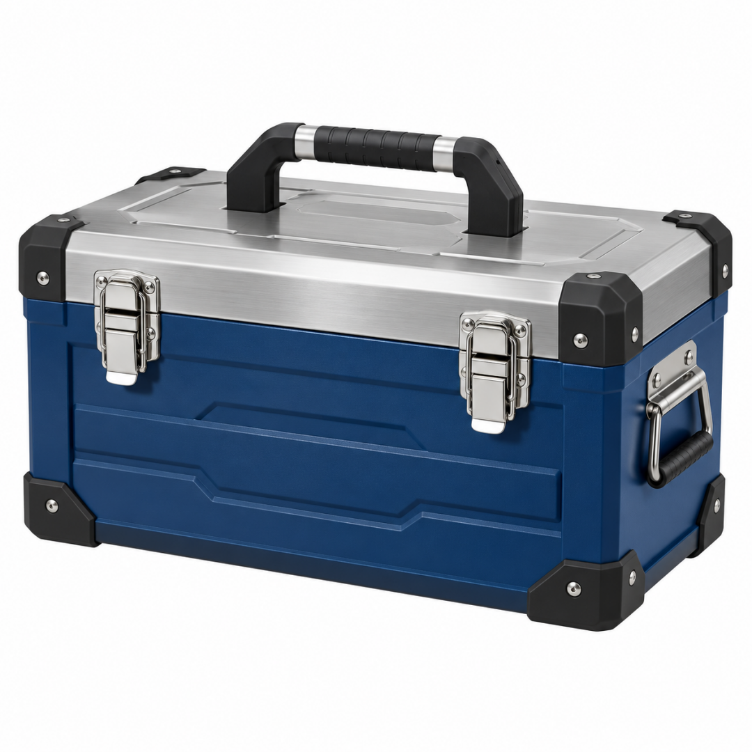 Coffre à outils 50 x 25 x 25 cm bleu en plastique et aluminium avec poignées de transport
