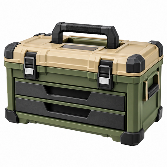 Boîte à outils 45 cm en plastique vert kaki et beige avec 2 tiroirs portable