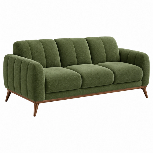 Canapé 3 places 210 cm en tissu vert olive avec pieds en bois style rétro