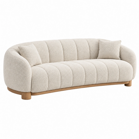 Canapé 3 places 220 cm tissu bouclette écru pieds en bois style contemporain