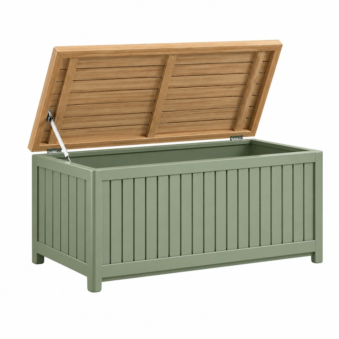 Coffre de rangement extérieur 120 x 60 x 60 cm en bois vert avec couvercle relevable