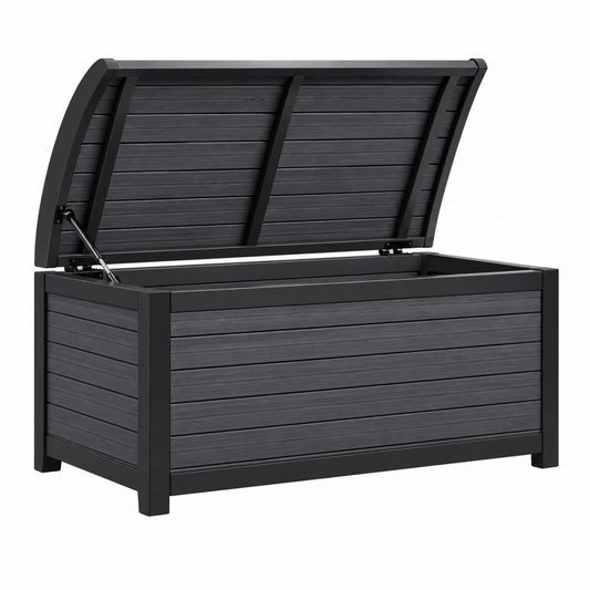 Coffre de rangement extérieur 120 x 61 x 63 cm noir en plastique et métal avec couvercle relevable