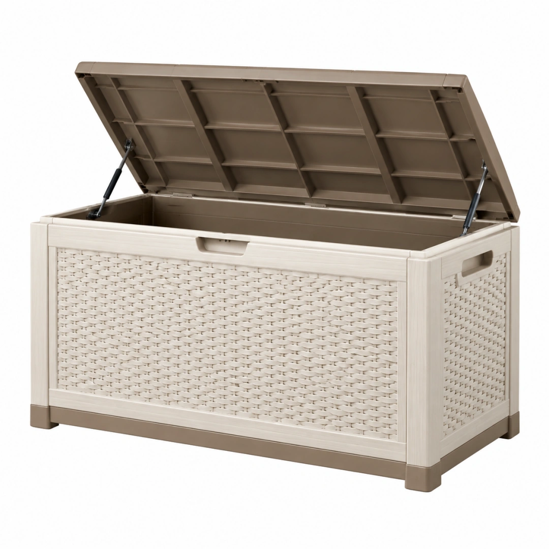Coffre de rangement 120 x 55 x 60 cm en plastique beige effet tressé avec couvercle à vérins