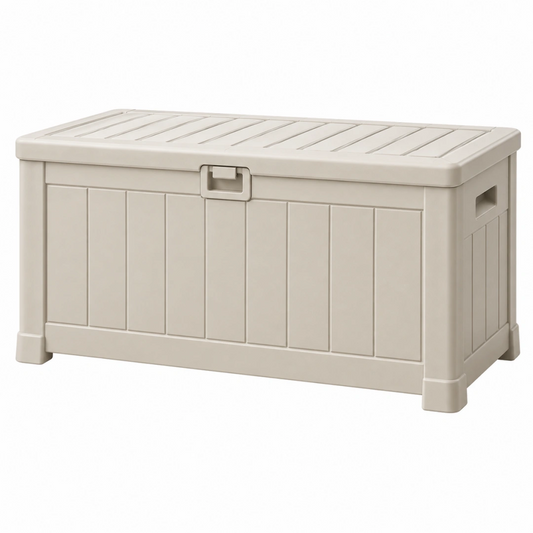 Coffre de rangement 120 x 55 x 60 cm en plastique beige avec couvercle pour jardin