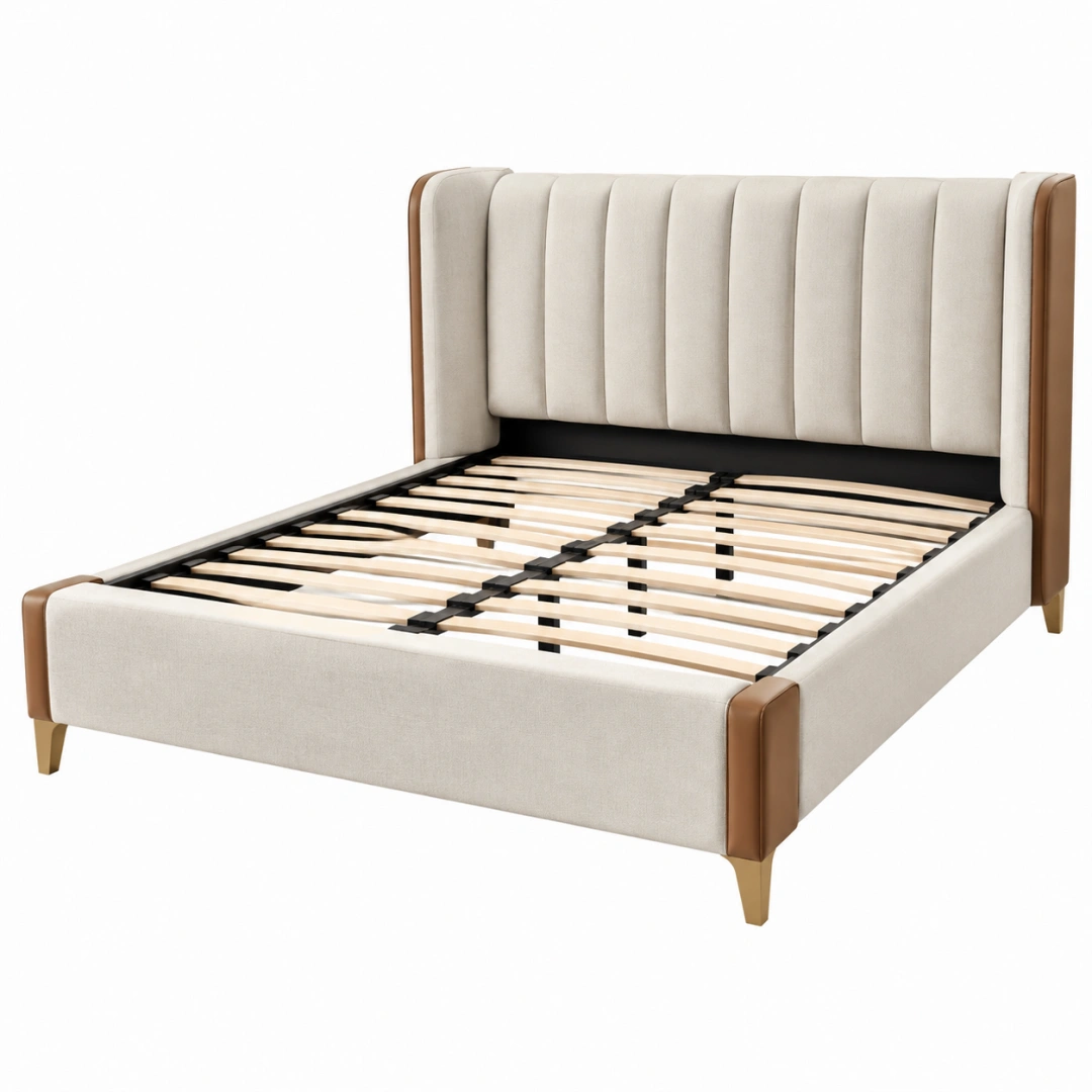 Lit double 160 x 200 cm en tissu beige et similicuir marron avec sommier à lattes style contemporain