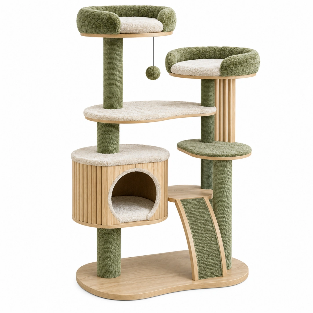 Arbre à chat 60 x 50 x 150 cm en bois beige et vert avec griffoirs et niches style naturel