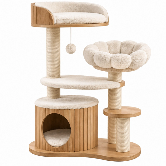 Arbre à chat 60 x 50 x 130 cm en bois beige avec griffoirs en sisal et niches