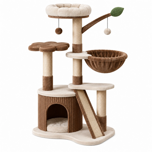Arbre à chat 60 x 50 x 140 cm en sisal et peluche marron crème avec niche et hamac