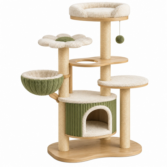 Arbre à chat 80 x 55 x 145 cm en bois beige et vert avec griffoirs et niche