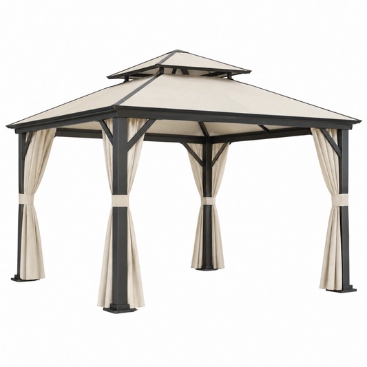 Tonnelle de jardin 300 x 300 cm acier beige anthracite avec rideaux double toit