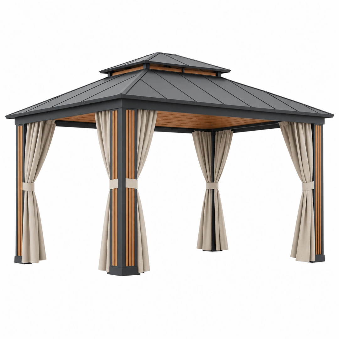 Tonnelle de jardin 300 x 300 x 290 cm en métal noir avec rideaux beiges style contemporain