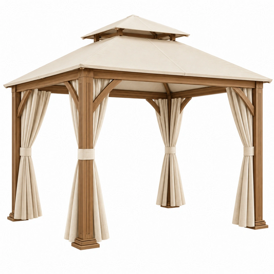 Tonnelle de jardin 300 x 300 x 300 cm en bois beige avec rideaux style pavillon
