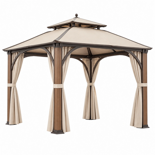 Tonnelle de jardin 300 x 300 cm en métal brun avec toit beige et rideaux - abri extérieur classique