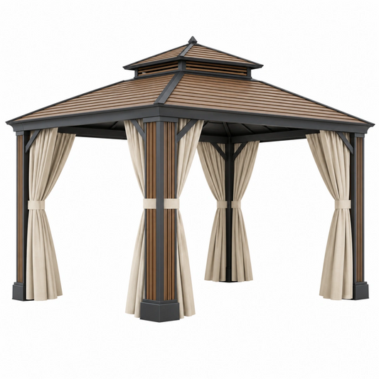 Tonnelle de jardin 300 x 300 cm en métal noir et panneaux aspect bois avec rideaux beiges