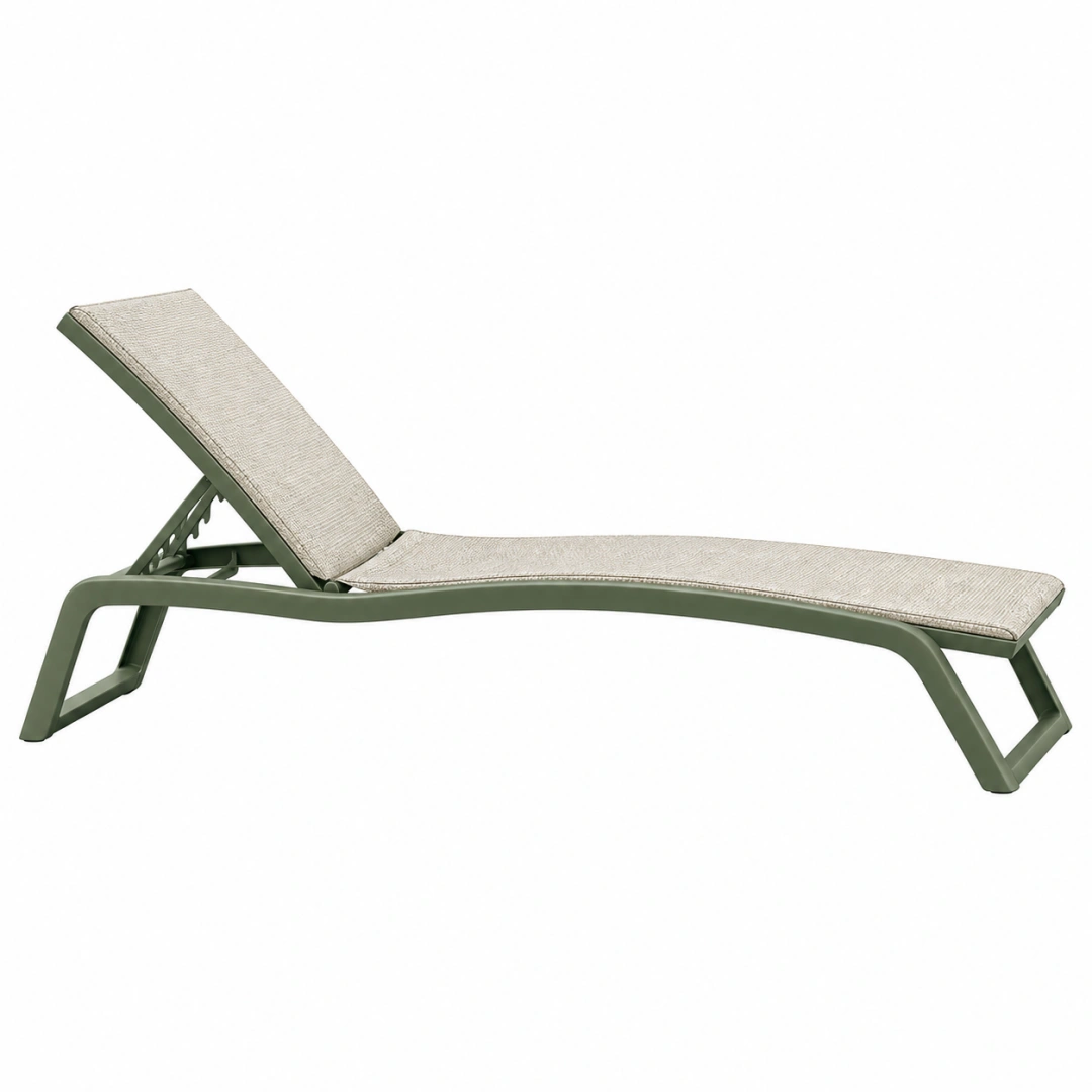 Chaise longue 190 x 70 cm en plastique vert olive avec toile beige dossier réglable pour extérieur
