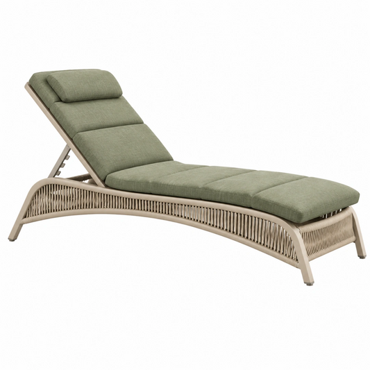 Chaise longue de jardin 200 x 70 cm en métal et corde tressée vert sauge réglable