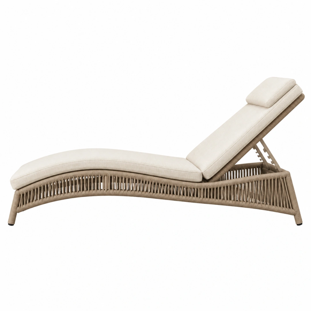 Chaise longue de jardin 200 x 70 cm beige en corde tressée avec dossier réglable
