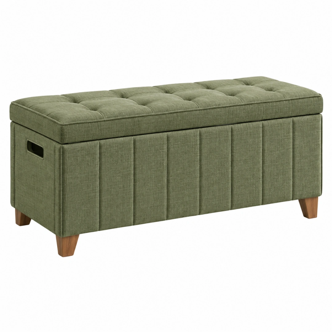Banc coffre de rangement 100 cm en tissu vert avec assise capitonnée