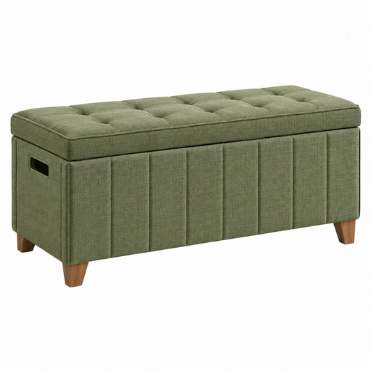 Banc coffre de rangement 100 cm en tissu vert avec assise capitonnée